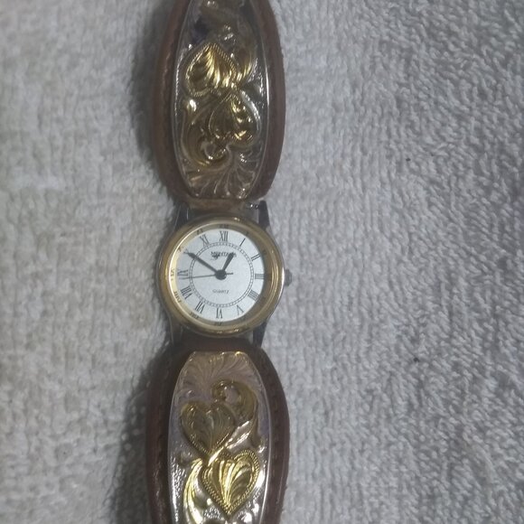 Montana Silversmiths Watch Gold Hearts Leaves Brown Leather New Bat Clear Great - Picture 1 of 14